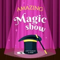 Amazing magic show placard illustration. Evening poster invitation mystical performance wizards best mysterious