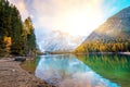 Amazing magical fairy autumn landscapeon the lake at sunrise on Fanes-Sennes-Braies natural park in the Dolomites in South Tyrol, Royalty Free Stock Photo