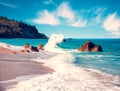 Amazing magical landscape with storm waves on Avali Beach in Lefkada, Greece. popular tourist atraction