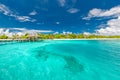 Amazing Maldives paradise, beautiful turquoise blue sea, tropical resort. Luxury summer travel and vacation destination Royalty Free Stock Photo