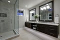 Amazing master bathroom with large glass walk-in shower Royalty Free Stock Photo