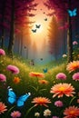 a amazing meadow landscape aerial view mountains on horizon sunset amazing sunrise butterflies gen ai