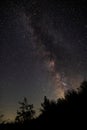 Amazing Milky Way , starry night sky with falling stars above lake and trees in mountains. Beautiful night sky. Breathtaking Royalty Free Stock Photo