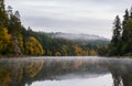 Amazing misty fog on Vltava river with autumn foliage