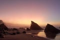 Amazing misty sunset on the Praia da Adraga. Portuguese Riviera, Sintra