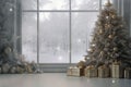 Amazing modern Christmas tree presents gifts boxes near large window snowing. Holidays New year Xmas eve winter cozy