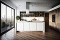 Amazing Modern Luxury Kitchen Interior in white with wooden floor and kitchen island, Generative AI