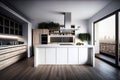 Amazing Modern Luxury Kitchen Interior in white with wooden floor and kitchen island, Generative AI