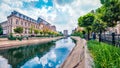 Amazing morning cityscape of Bucharest city - capital of Romania, Europe. Colorful summer view of Court of Appeal Building on tne