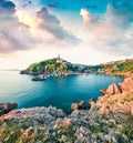 Amazing morning cityscape of Vrbnik town. Splendid summer seascape of Adriatic sea, Krk island, Kvarner bay archipelago, Croatia,