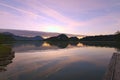 Amazing morning landscape view of Lake Bled during sunrise. The Pilgrimage Church of the Assumption of Maria on the island Royalty Free Stock Photo