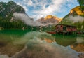 Amazing morning view of Lago di Braies, Dolomites, Italy Royalty Free Stock Photo