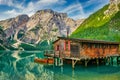 Amazing morning view of Lago di Braies, Dolomites, Italy Royalty Free Stock Photo