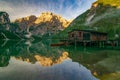 Amazing morning view of Lago di Braies, Dolomites, Italy Royalty Free Stock Photo