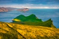 Amazing morning view of Mykines island. Breathtaking summer scene of Alaberg cliffs, Faroe Islands, Denmark