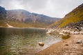 Amazing mountain lake with fog, rocks and grass