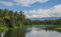 Amazing mountain landscape with clouds, tea estate natural outdoor travel background. Beauty world Royalty Free Stock Photo