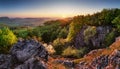 Amazing mountain landscape with colorful vivid sunset on the cloudy sky, natural outdoor travel background. Beauty world Royalty Free Stock Photo