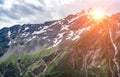 Amazing mountain landscape with colorful vivid sunset on cloudy sky, natural outdoor travel background. Panorama mountain summer Royalty Free Stock Photo