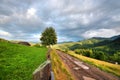 Amazing mountain landscape with fog and with a dirt road. Sunny morning after rain. Carpathian, Ukraine Royalty Free Stock Photo