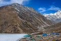 Himalayan landscape at sunny day. Gokyo, lake Dudh Pokhari, peak