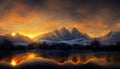 Amazing mountain winter scenery. Winter landscape with snow, mountains and magical sunset reflection in a lake