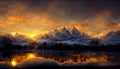 Amazing mountain winter scenery. Winter landscape with snow, mountains and magical sunset reflection in a lake Royalty Free Stock Photo