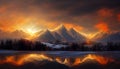 Amazing mountain winter scenery. Winter landscape with snow, mountains and magical sunset reflection in a lake Royalty Free Stock Photo