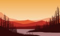 Amazing mountains panorama in the afternoon from the riverbank with the silhouette of the pine trees around it. Vector