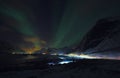 Amazing multicolored Aurora Borealis also know as Northern Lights in the night sky over Lofoten landscape, Norway, Scandinavia. Royalty Free Stock Photo