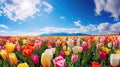 Amazing multicolored tulips against a blue sky