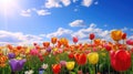 Amazing multicolored tulips against a blue sky