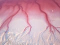 Amazing natural abstract background, bizarre forms of pink water and white salt formations. Aerial view