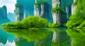 Amazing natural karst towers and green trees reflected in water generated by ai