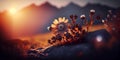 Amazing natural landscape with colorful flowers, mountains, lake, AI Generated