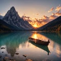 Amazing natural landscape at sunset. Stunning morning scene on the Braies Lake, Pragser Wildsee in Dolomites mountains,