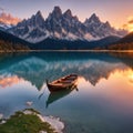 Amazing natural landscape at sunset. Stunning morning scene on the Braies Lake, Pragser Wildsee in Dolomites mountains,