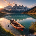 Amazing natural landscape at sunset. Stunning morning scene on the Braies Lake, Pragser Wildsee in Dolomites mountains,