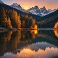 Amazing natural landscape at sunset. Stunning morning scene on the Braies Lake, Pragser Wildsee in Dolomites mountains,