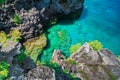 Amazing natural rocks, cliffs view above tranquil azure clear water at beautiful, inviting Bruce Peninsula, Ontario