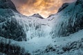 Amazing nature, full of ice and snow on mountains in Nusfjord, Ramberg Norway. Iconic view from Lofoten islands in winter. Royalty Free Stock Photo