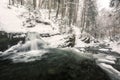 Amazing nature landscape with beautiful mountain waterfall and creek surrounded by winter forest with snow covered trees Royalty Free Stock Photo