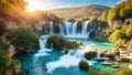 Amazing nature landscape, beautiful waterfall at sunrise, famous Skradinski buk, Royalty Free Stock Photo