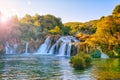 Amazing nature landscape, famous waterfall Skradinski buk at sunrise, Croatia, outdoor travel background Royalty Free Stock Photo