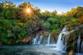 Amazing nature landscape, famous waterfall Skradinski buk at sunrise, Croatia, outdoor travel background