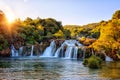 Amazing nature landscape, famous waterfall Skradinski buk at sunrise, Croatia, outdoor travel background Royalty Free Stock Photo