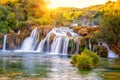Amazing nature landscape, famous waterfall Skradinski buk at sunrise, Croatia, outdoor travel background Royalty Free Stock Photo