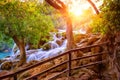 Amazing nature landscape, famous waterfall Skradinski buk at sunrise, Croatia, outdoor travel background Royalty Free Stock Photo