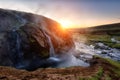 Amazing nature landscape, Laugarvallardalur hot springs at sunset, Iceland. Geothermal area with natural hot bath and cool river