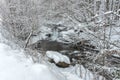 Amazing nature landscape with mountain creek and snow covered trees in the winter forest Royalty Free Stock Photo